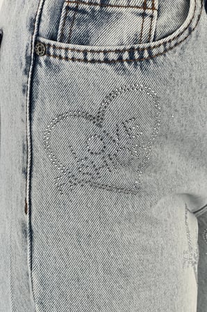 Kadın Bol Paça Taşlı Jeans Baggy Fit Buz Mavi Kot Pantolon
