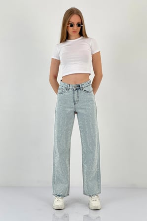 Kadın Wide Leg Taşlı Jeans Baggy Fit Buz Mavi Kot Pantolon