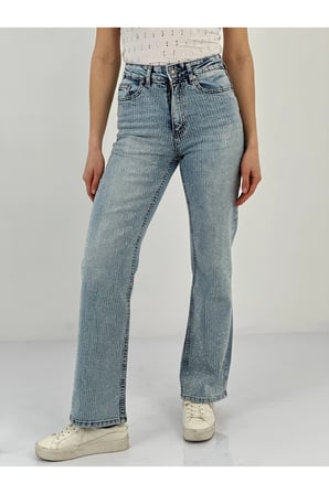 Kadın Wide Leg Önü Full Taşlı A.mavi Jean Pantolon