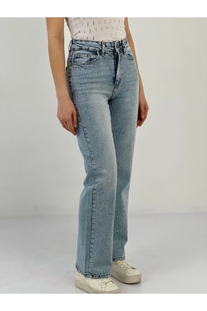 Kadın Wide Leg Önü Full Taşlı A.mavi Jean Pantolon