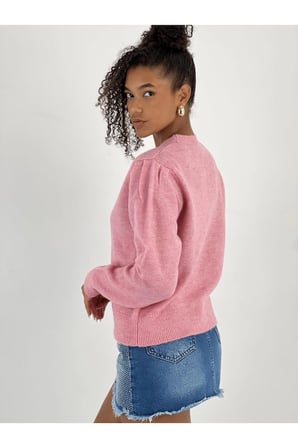 Kadın Düğmeli Kısa Kesim Pembe Hırka