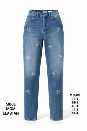 Kadın Mavi Yüksek Bel Taş Detaylı Mom Fit Jean Pantolon