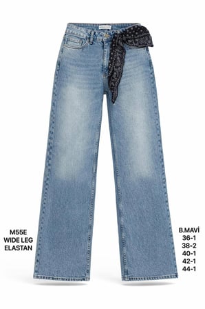 Kadın Buz Mavi Fularlı Yüksek Bel Wide Leg Jean Pantolon