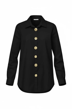 Kadın Siyah Gold Düğmeli Slim Fit Likralı Pamuk Gömlek
