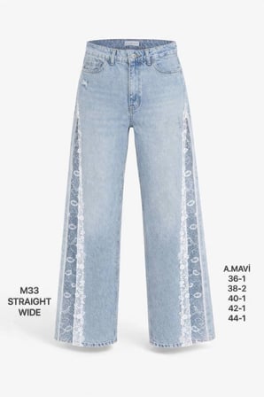 Kadın Açık Mavi Dantel Detaylı Straight Wide Jean Pantolon