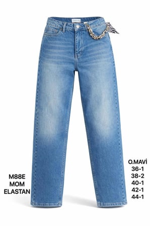 Kadın Mavi Fular Detaylı Yüksek Bel Mom Fit Jean Pantolon