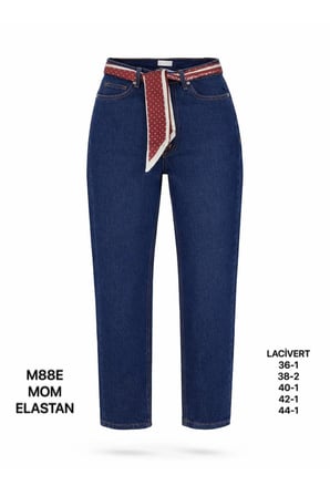 Kadın Lacivert Fular Kemer Detaylı Yüksek Bel Mom Fit Jean Pantolon