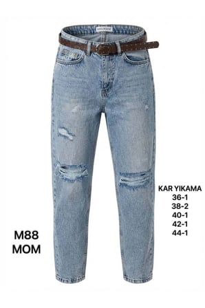 Kadın Orta Mavi Mom Fit Yırtık Jean Pantolon