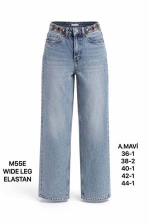 Kadın A.Mavi Taş Detaylı Yüksek Bel Wide Leg Jean Pantolon