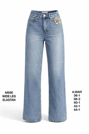 Kadın Açık Mavi Yüksek Bel Çiçek Aksesuarlı Wide Leg Jean Pantolon
