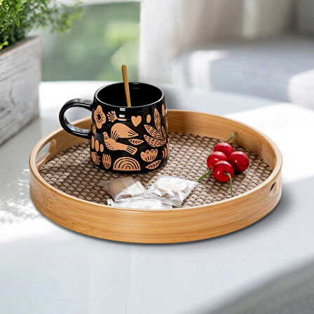 Dekorasyaa Yuvarlak Bambu Tepsi 3'lü Set - 25x30x35