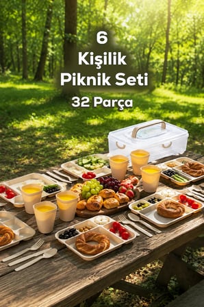 Porsima AC-101 32 Parça 6 Kişilik Pratik Taşınabilir Piknik Seti - Saklama Kutulu Piknik Sepeti Krem
