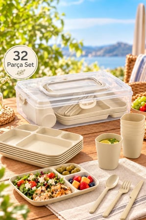 Porsima AC-101 32 Parça 6 Kişilik Pratik Taşınabilir Piknik Seti - Saklama Kutulu Piknik Sepeti Krem