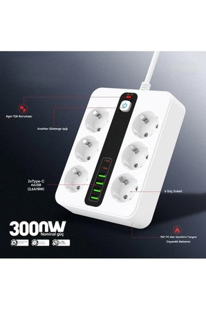 6'LI Grup Priz 4XUSB 2XType-C Çıkışlı Isıya Dayanıklı Power Tuşlu 2 MT Kablolu Priz Çoğaltıcı