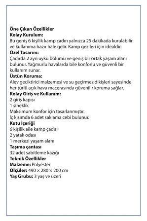 Walke 6 Kişilik Çift Bölmeli Aile Kamp Çadırı Su Geçirmez Polyester 490 X 280 X 200
