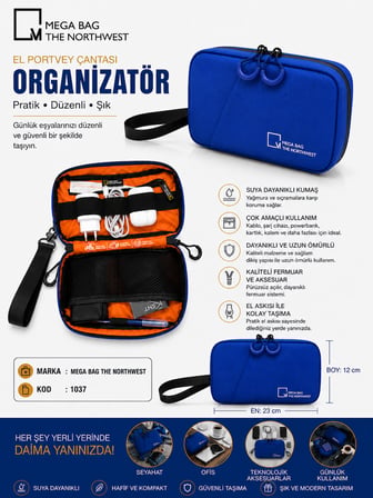 M 1037  Mega Bag Polyester Seyahat Tıraş/ Makyaj Çantası,  Organizatör Mavi