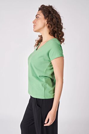 Kadın %100 Pamuklu Dokulu V Yaka Kısa Kollu Tişört