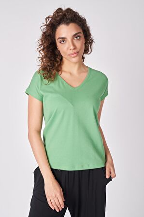Kadın %100 Pamuklu Dokulu V Yaka Kısa Kollu Tişört