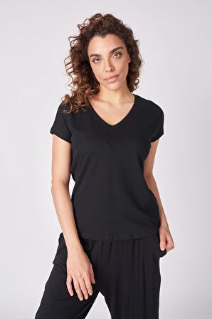 Kadın %100 Pamuklu Dokulu V Yaka Kısa Kollu Tişört