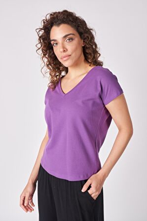 Kadın %100 Pamuklu Dokulu V Yaka Kısa Kollu Tişört