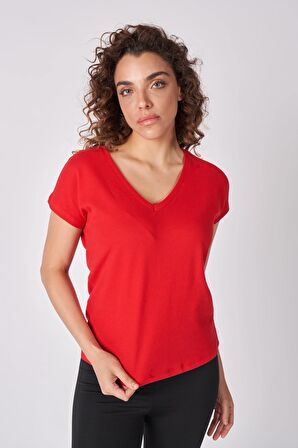 Kadın %100 Pamuklu Dokulu V Yaka Kısa Kollu Tişört