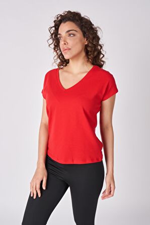 Kadın %100 Pamuklu Dokulu V Yaka Kısa Kollu Tişört