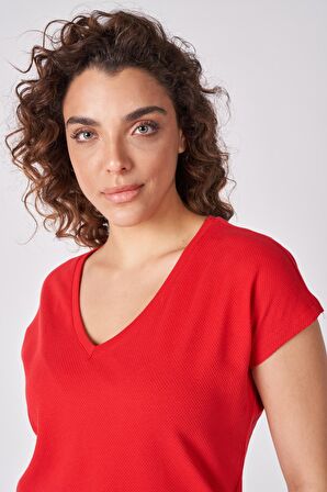 Kadın %100 Pamuklu Dokulu V Yaka Kısa Kollu Tişört