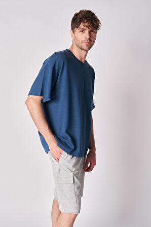 Erkek Dokulu Oversize Bisiklet Yaka Kısa Kollu Tişört