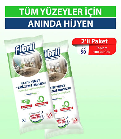 Fibril Pratik Yüzey Temizleme Havlusu Beyaz Sirke Sabun Kokulu 50 Adet XL - 2’li