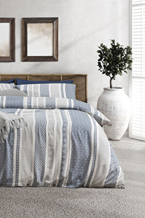 Semnoz Çift Kişilik Pamuklu Jakarlı Nevresim Takımı - Gri/Lacivert