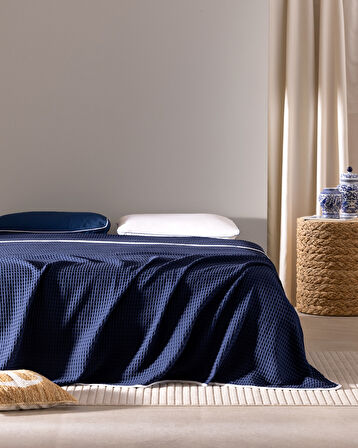 Dimanche King Size %100 Pamuk Gofre Pike - Lacivert/Beyaz