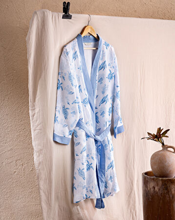 Victorine %100 Pamuk Kadın Müslin Bornoz - Beyaz/Mavi - Natural Koleksiyon