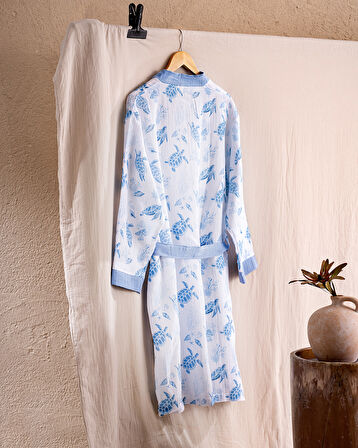 Victorine %100 Pamuk Kadın Müslin Bornoz - Beyaz/Mavi - Natural Koleksiyon
