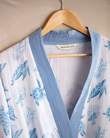 Victorine %100 Pamuk Kadın Müslin Bornoz - Beyaz/Mavi - Natural Koleksiyon