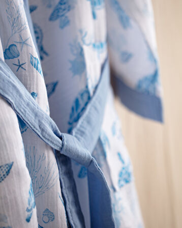 Victorine %100 Pamuk Kadın Müslin Bornoz - Beyaz/Mavi - Natural Koleksiyon