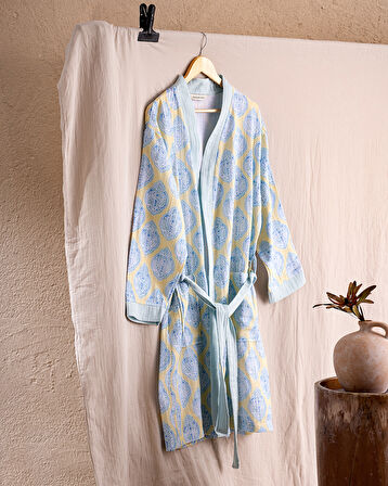 Aubina Müslin Kadın %100 Pamuk Bornoz - Sarı/Mavi