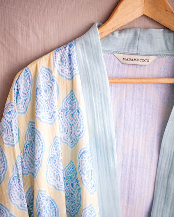 Aubina Müslin Kadın %100 Pamuk Bornoz - Sarı/Mavi