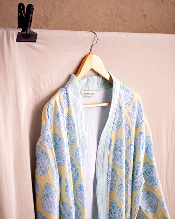 Aubina Müslin Kadın %100 Pamuk Bornoz - Sarı/Mavi