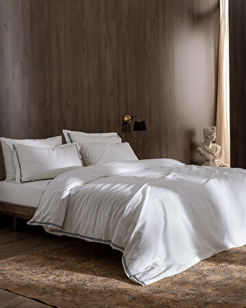 Tina King Size Linen Look Yıkamalı  %100 Pamuk Nevresim Takımı - Beyaz/Lacivert