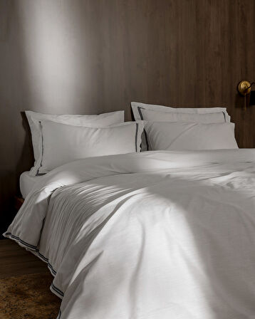 Tina King Size Linen Look Yıkamalı  %100 Pamuk Nevresim Takımı - Beyaz/Lacivert