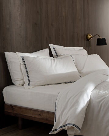 Tina King Size Linen Look Yıkamalı  %100 Pamuk Nevresim Takımı - Beyaz/Lacivert