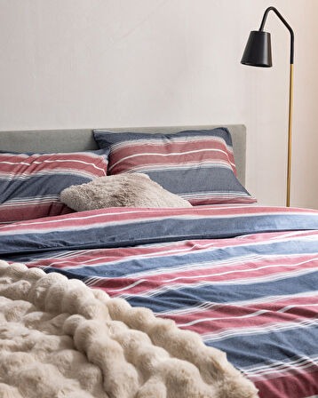 Edgard King Size %100 Pamuk Flanel Nevresim Takımı - Kırmızı/Lacivert