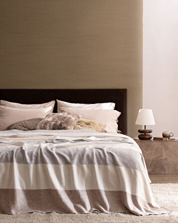 Angely Çift Kişilik Battaniye - Pudra/Gri/Beyaz