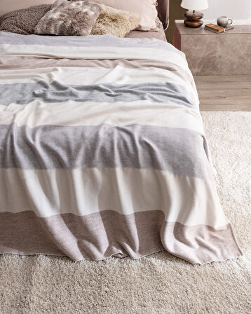 Angely Çift Kişilik Battaniye - Pudra/Gri/Beyaz