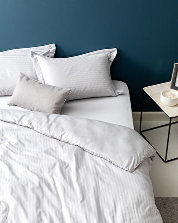 Elicia King Size %100 Pamuk Çizgili Saten Nevresim Takımı - Açık Gri