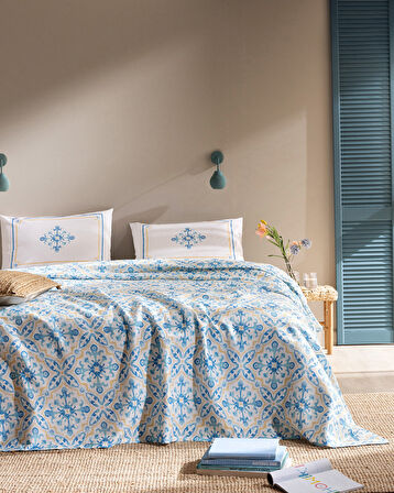 Adorlee King Size %100 Pamuk Karde Baskılı Pike Takımı - Mavi