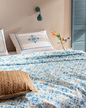 Adorlee King Size %100 Pamuk Karde Baskılı Pike Takımı - Mavi