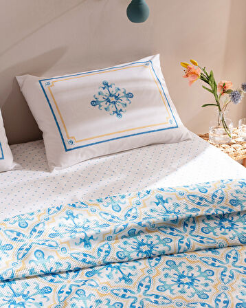 Adorlee King Size %100 Pamuk Karde Baskılı Pike Takımı - Mavi