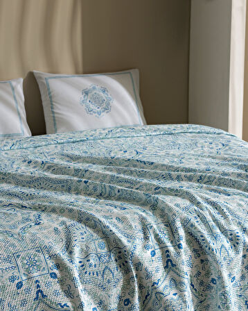 Alard King Size %100 Pamuk Karde Baskılı Pike Takımı - Mint Yeşili