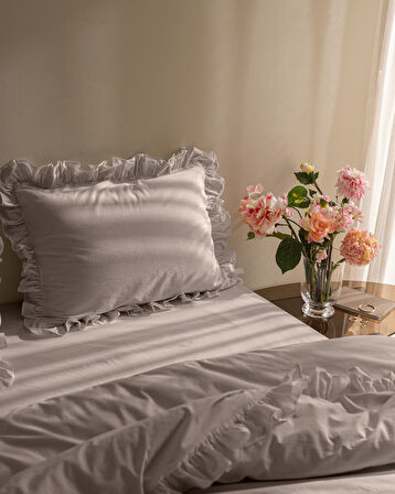 Obernai King Size %100 Pamuk Fırfırlı Düz Yıkamalı Nevresim Takımı - Bej